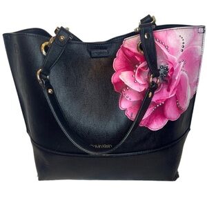 Calvin Klein Black Tote with Pink Floral Accent